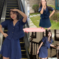 set bộ croptop cổ vest tiểu thư tay phồng chân váy A ngắn Hàn Quốc