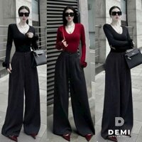 Set bộ dài ( 2 màu ) áo tăm lạnh cổ tim dài tay đính bông hoa phối quần bố ống rộng lưng cao kẻ sọc