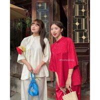 Set bộ dài 2 màu tươi sáng áo cổ trụ tay lở nút ngọc chéo cột nơ quần ống rộng màu trơn vải gấm hoa cao cấp