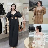 Set bộ dài 3 món vải len rỗ cao cấp áo cúp ngực thắt nơ kèm khoác ngoài mix quần ống rộng lưng trơn đẹp y hình mẫu mặc