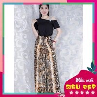 SET BỘ DÀI DẠO PHỐ KIỂU SET ÁO LỆCH VAI QUẦN ỐNG RỘNG DA BEO (hình chụp thật) 3134