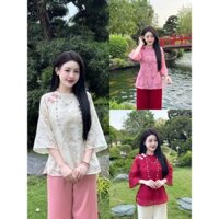 Set bộ dài nàng thơ áo voan hoa vai đính nơ tay lở cổ tròn phối cùng quần tuyết nhung chất vải mịn đẹp