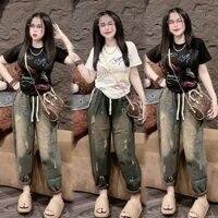 Set bộ dài thiết kế trẻ trung, năng động cho các nàng đi chơi, set áo thun tay ngắn in chữ phối quần baggy jean 2 màu