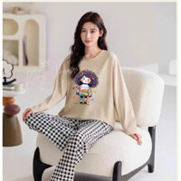 Sét bộ dài thu đông ấm áp ALICEVN, Đồ bộ nữ mặc nhà mặc ngủ áo dài tay thun xượt quần dài caro kate dáng suông