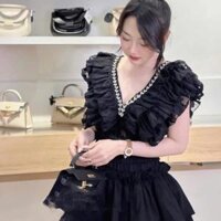 Set Bộ Đầm Áo Cổ V Đính Đá Bèo Croptop Nhún + Chân Váy Xoè Nhún Eo Có Lót Quần B14