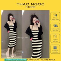 Set bộ đầm len body sọc màu kèm áo khoác ngoài croptop (có sẵn, hình thật) THẢO NGỌC STORE