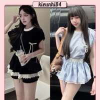 Set Bộ Đen Áo Thun Viền Cánh Dơi Đính Nơ Croptop + Chân Váy Xoè Viền Ren Có Lót Quần Bí Phồng