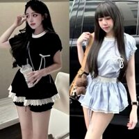 Set Bộ Đen Áo Thun Viền Cánh Dơi Đính Nơ Croptop + Chân Váy Xoè Viền Ren Có Lót Quần Bí Phồng