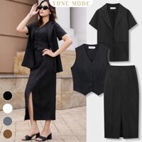 Set Bộ Đen Yune Mode Công Sở Cao Cấp Gồm Blazer, Áo Gile Và Chân Váy Xẻ Tà Trước Thanh Lịch SET-001-DEN