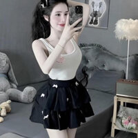 set bộ đi chơi áo ba lỗ đính thỏ bông hồng phối váy 2 tầng chất voan kate đính nơ li ti
