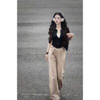 Set bộ đồ 2 chi tiết năng động, Set bộ đồ áo thun cộc tay cổ V ôm body phối quần dài ống suông  thiết kế đơn giản