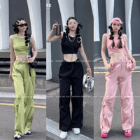 Set bộ đồ áo croptop ba lỗ sát tay xoắn eo phối quần suông túi hộp siêu hot cho các nàng