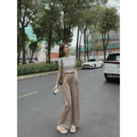 Set bộ đồ áo croptop mix quần dài ống rộng với 2 tone màu tôn da, tôn dáng dành cho các nàng mặc dô cá tinh