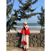 Set bộ đồ áo cúp ngực quả bí màu đỏ thiết kế nụ hoa Hàn Quốc hot girl 2025 + Chân váy trắng dáng dài xếp ly nhiều tầng