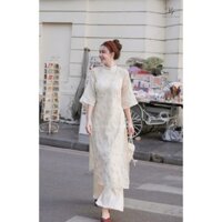 Set bộ đồ áo dài nữ hoạ tiết in nổi cổ đứng phối quần ông suông, set áo dài nữ tiểu thư tay voan nỡ phối quần lụa
