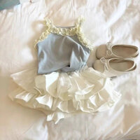 Set bộ đồ áo hai dây chân váy tiểu thư cho bé gái mùa hè mẫu mới 2025 áo dây viền ren siêu dễ thương phong cách Hàn Quốc