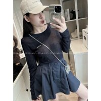 Set bộ đồ áo lưới kèm chân váy xếp ly jean, Set đồ nữ áo tay dài mỏng mix chân váy dáng ngắn đơn giản basic