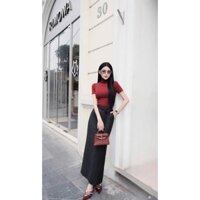 Set bộ đồ áo thun cổ cao cộc tay phối chân váy dáng dài, Set bộ đồ áo thun cộc tay ôm body mix chân váy suông dài sang c