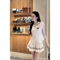 Set bộ đồ áo thuỷ thủ phối chân váy ngắn đơn giản, Set áo sơ mi viền bèo phối chân váy xoè xếp ly sang trọng