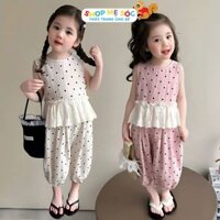 Set Bộ Đồ Bé Gái Áo Sát Nách Kèm Quần Dài Họa Tiết Chấm Bi Chất Mát Mềm Mại Cho Bé