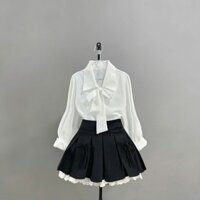 Set Bộ Đồ Bigsize Nữ Áo Sơ Mi Công Sở Buộc Nơ Tay Dài Kèm Váy Xòe Xếp Ly Phối Viền Ren Quyến Rũ SET(SM16+CV419)