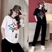Set Bộ Đồ Dài Quần Suông Ống Rộng Thun Cotton Áo Cổ Tròn Viền Màu Thêu Nổi