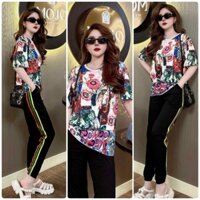 Set Bộ Đồ Dài Thể Thao Áo Thun Lạnh In Hoa 3d Sắc Màu Phối Quần Thun Cotton kẻ sọc