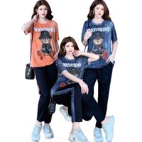 Set Bộ Đồ Dài  Thể Thao Thun Lạnh Phối Thun Cotton Họa Tiết Gấu In 3D Loang Màu