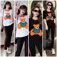 Set Bộ Đồ Dài Thể Thao Thun Cotton Áo Đâp Logo Gấu Bông Nổi Phối Quần Chạy Sọc Cùng Màu Gấu Cao Cấp