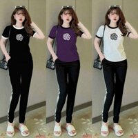Set Bộ Đồ Dài Thun Cotton Form Thể Thao Áo Thêu Hoa Trà Phối Quần Kẻ Sọc MSHT95