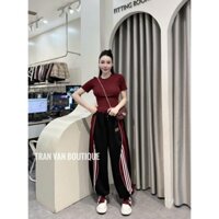 Set bộ đồ dáng thể thao, Set bộ đồ áo thun cộc tay ôm body phối quần dài ống suông hoạ tiết kể sọc basic