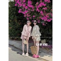 Set bộ đồ dễ thương chất vải ren thô cao cấp áo cổ tròn cột dây tay dài dáng babydoll quần đùi ống rộng