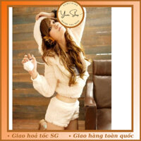 Set Bộ Đồ Đùi Có Nón Lông Cừu Áo Croptop Dây Kéo Quần Short Cá Tính