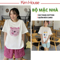 Set Bộ Đồ Đùi Mặc Nhà Nữ KIMHOUSE Áo Thun Cotton Và Quần Caro | B03