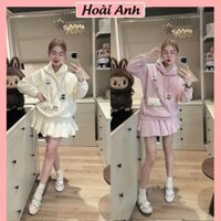 Set Bộ Đồ Gấu Trúc Nỉ 2 Da Áo Hoodie Mũ Gấu Túi Bụng Mix Chân Váy Xếp Ly Freesize
