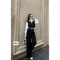 Set bộ đồ hai màu NÂU ĐEN áo sơ mi phối quần ống suông, set bộ đồ nữ áo sơ mi phối áo ghile kèm quần suông hàng MAY LẠI