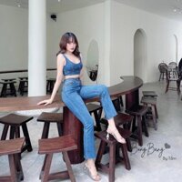Set bộ đồ jean nữ quần ống rộng dáng ngắn