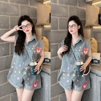 Set bộ đồ jeans nữ áo cánh dơi mix quần ống rộng với họa tiết in hình siêu cute dành cho các nàng