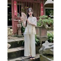 Set bộ đồ lam đi chùa cho nữ áo voan tơ cổ tròn tay lở hoa thêu nút cườm quần dài phi lụa sang trọng