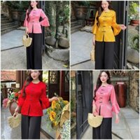 Set Bộ Đồ Lam Gấm - Pháp Phục Đi Lễ Chùa , Mặc Nhà Cho Nữ - Áo Tay Lỡ Bèo  ,Cổ Tròn Phối Quần Dài Tuyết Nhung Ống Rộng