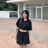 Sét bộ đồ mặc nhà nữ, đồ bộ kiểu dáng croptop áo cổ tim phối dây rút lai ,quần dùi ống rộng chất tổ ong mềm mịn