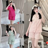 Set Bộ Đồ Mặc Nhà Nữ Pyjama Đũi Kẻ Cao Cấp Loại 1 Quần Đùi Cổ Vạt Túi Đính Gấu Siêu Xinh