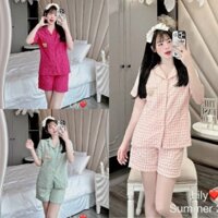 Set Bộ Đồ Mặc Nhà Nữ Pyjama Đũi Kẻ Cao Cấp Loại 1 Quần Đùi Cổ Vạt Túi Đính Gấu Siêu Xinh