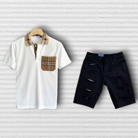 Set Bộ Đồ Nam Quần Short Jean Dày Dặn Áo Thun Cổ Bẻ 100% Cotton Phối CARO Form Regular - FAGU
