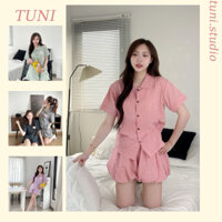 Set Bộ Đồ Ngủ Áo Ngắn + Quần Short Bí Họa Tiết Kẻ Caro Tuni.studio BI01