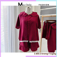 Set bộ đồ ngủ chấm bi nữ gồm áo cộc tay cổ sen form rộng phối viền ren nổi bật mix quần đùi mặc nhà siêu xinh