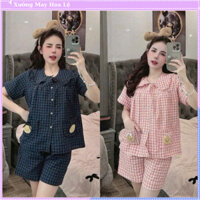 Set bộ đồ ngủ nữ áo cộc tay form rộng, cổ viền bèo phối túi gấu xinh xắn mix quần đùi, hoạ tiết kẻ caro nổi bật