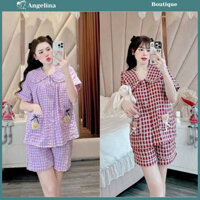 Set bộ đồ ngủ nữ áo cộc tay form dáng rộng phối túi gấu xinh xắn mix quần cộc, hoạ tiết kẻ caro nổi bật, hot hit