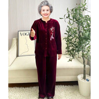 Set bộ đồ nhung cho người già người cao tuổi cài cúc thêu họa tiết sắc nét