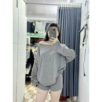 Set Bộ Đồ Nỉ Nữ Gồm Áo Sweater Lệch Vai Và Quần Short Nỉ Mùa Thu Đông